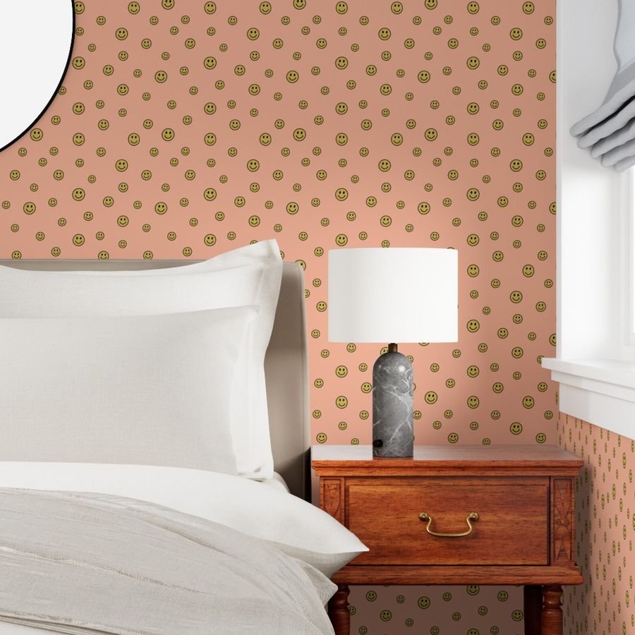 Retro Yellow Smiley Faces on Peach Interior Collection Decor Collection smiley pattern wallpaper