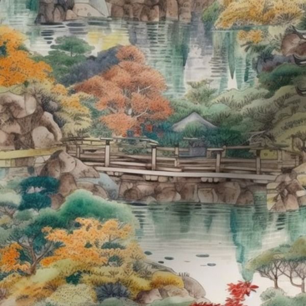 Small Japanese Water Garden Watercolor with Temples Home Styling Collection Design Collection asian landscape fabric design