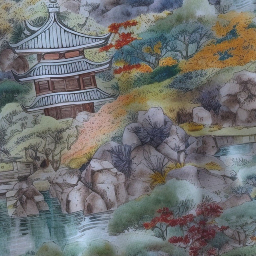Japanese Autumn Water Garden Watercolor with Temples in Soft Blue and Fabric japanese garden fabric