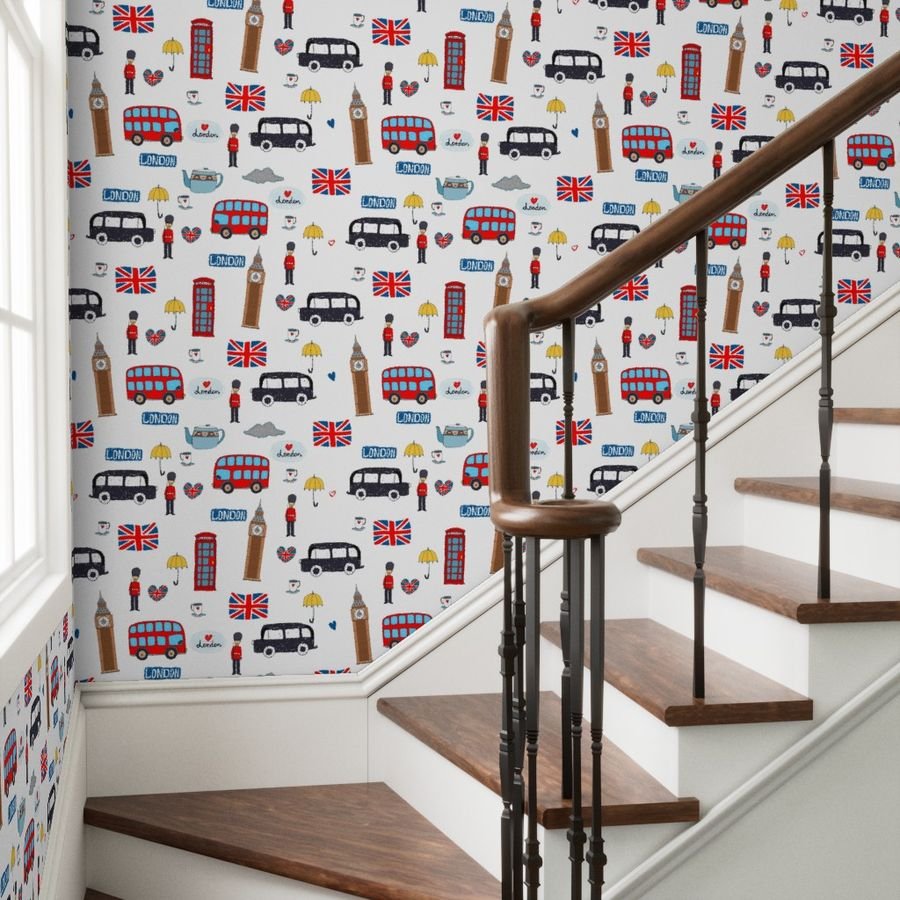 London England Handdrawn Motifs Big Ben Union Jack Palace Guard Wallpaper tea time wallpaper