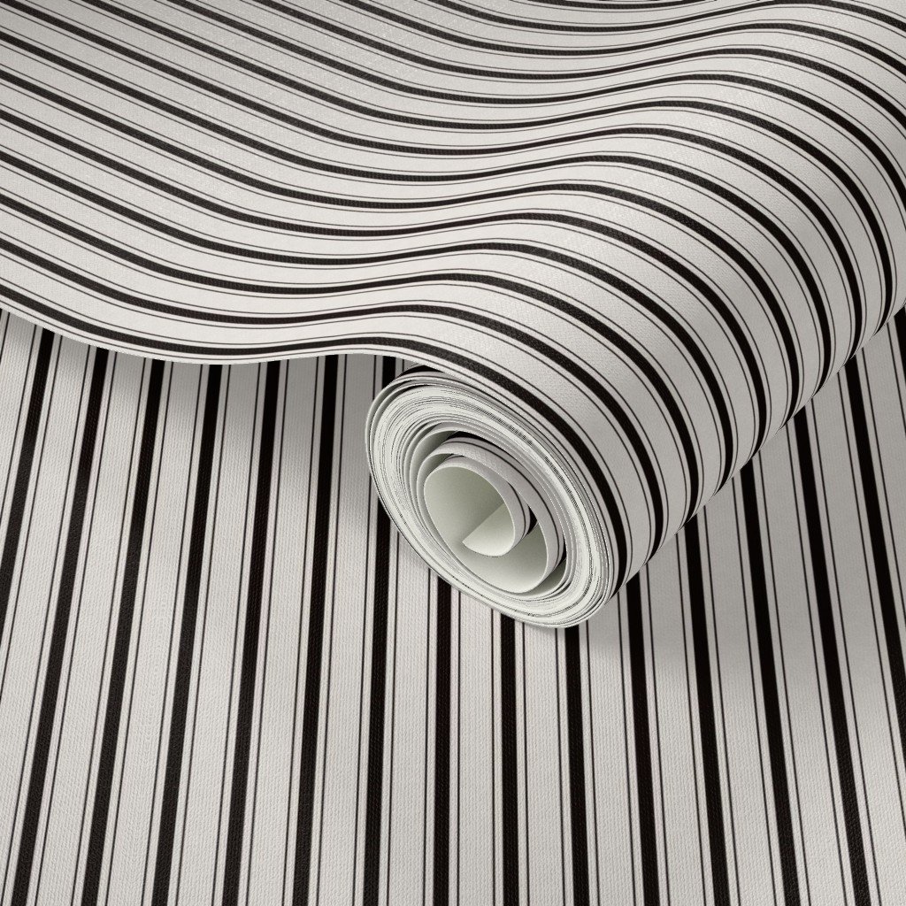 Micro Coal Black Antique Vintage Mattress Ticking Stripe on Cream Wallpaper ticking stripe wallpaper