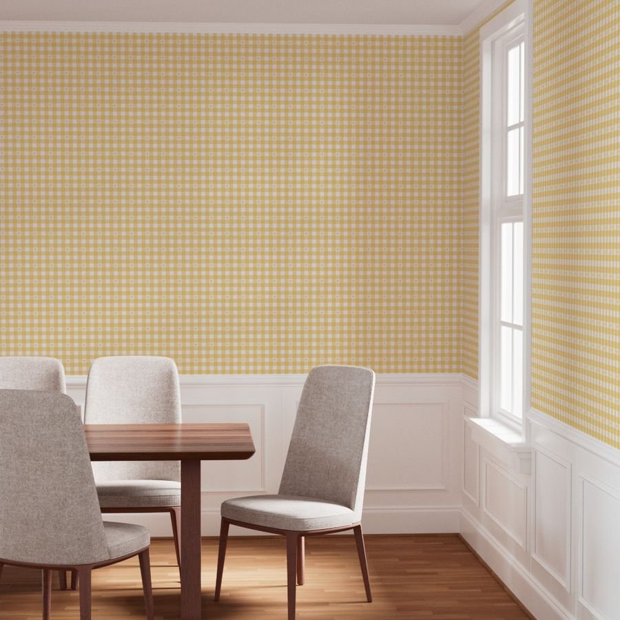 Buttercup Yellow and White Gingham Check with Center Floral Medallions in Home Decor Collection Home Styling Collection flower medallion wallpaper