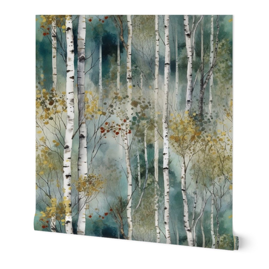 Endless Birch Tree Dreamscape Trees in Misty Forest Watercolor Wallpaper birch woods wallpaper
