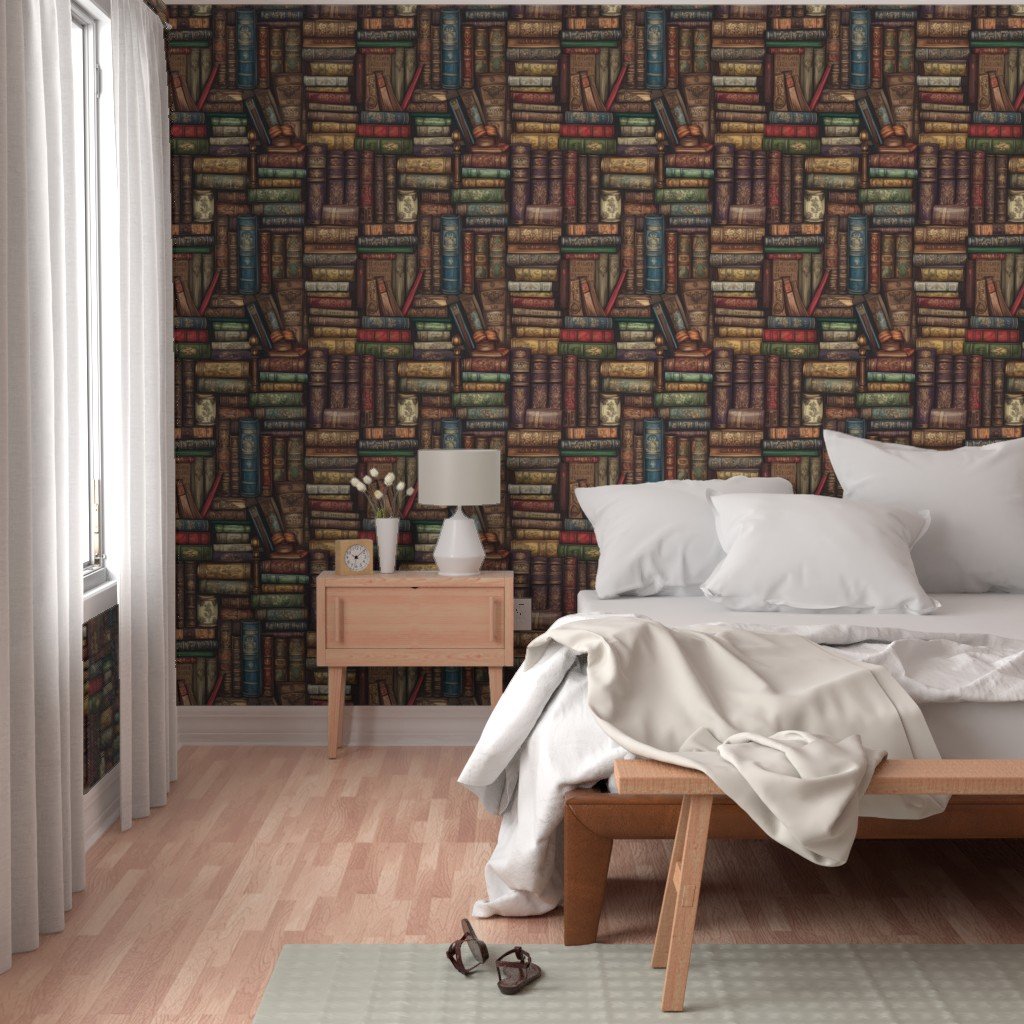 Stacked Bound Vintage Books on Library Book Shelf Wallpaper leather books wallpaper