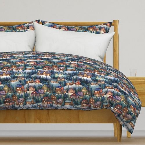 Small Christmas Rustic Country Winter Cabins Watercolor Home Decor Collection Decor Collection christmas village duvet cover design