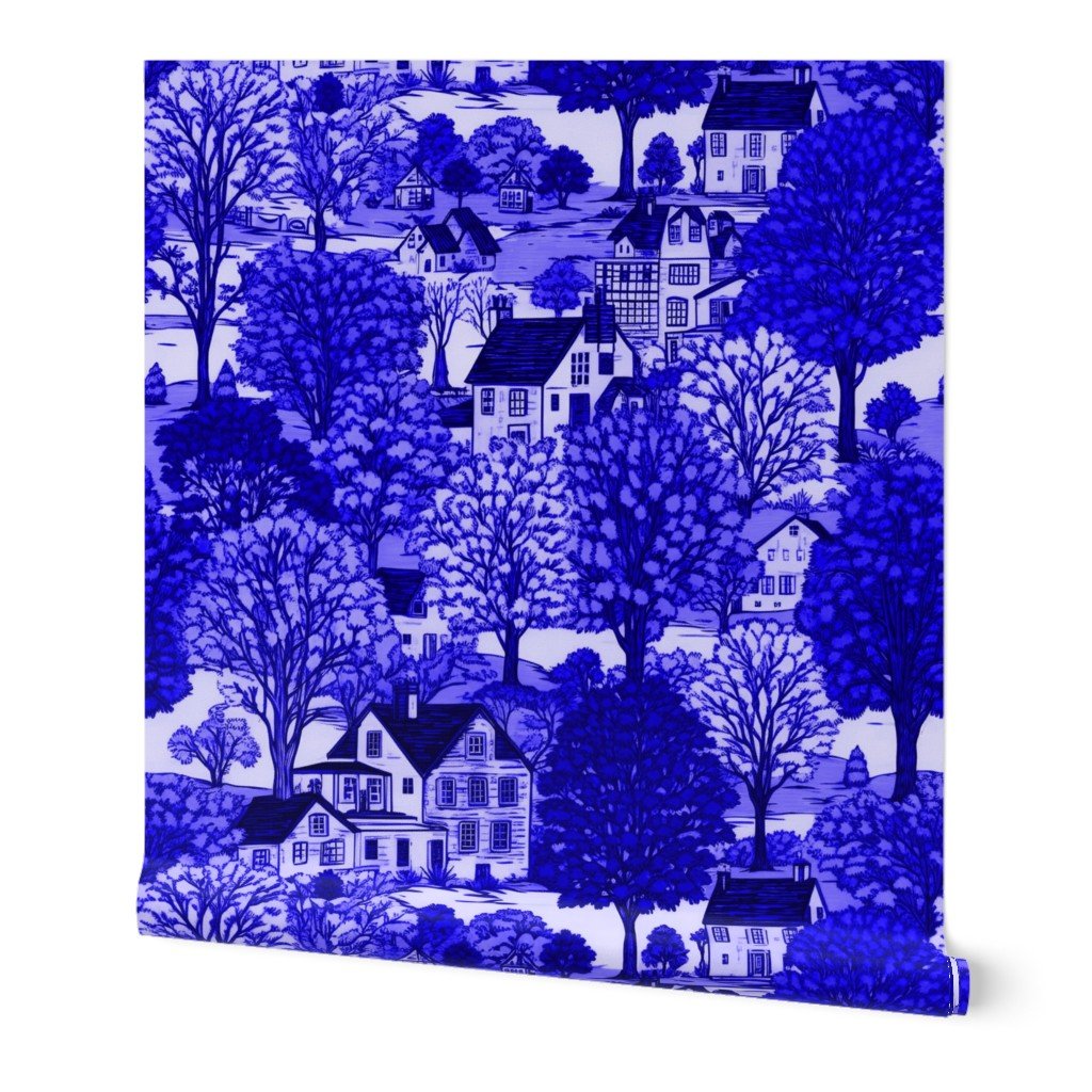 New England Village Houses with Trees in Royal Blue Porcelain Glaze Wallpaper village print wallpaper