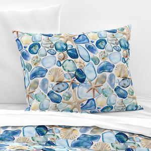 Blue and Sand Seashells and Shards of Tumbled and Scattered Watercolor Home Decor Collection Home Decor Collection shell repeat pillow sham design