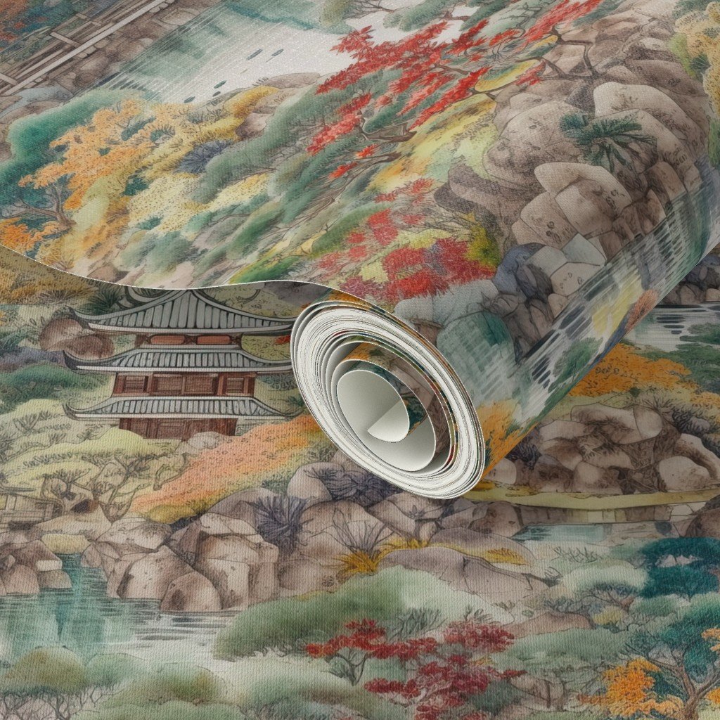 Small Japanese Water Garden Watercolor with Temples Home Styling Collection Design Collection orange trees wallpaper