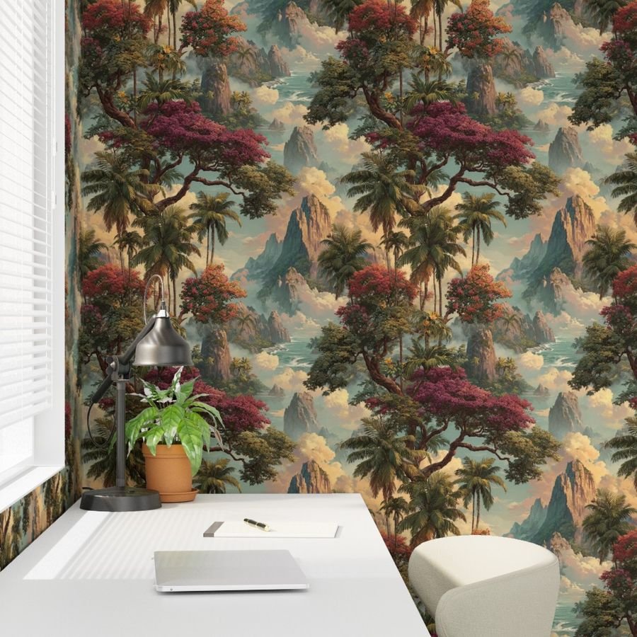 Vintage Hawaiian Watercolor Landscape with Misty Mountains and Palms Decor Collection Home Styling Collection exotic wallpaper