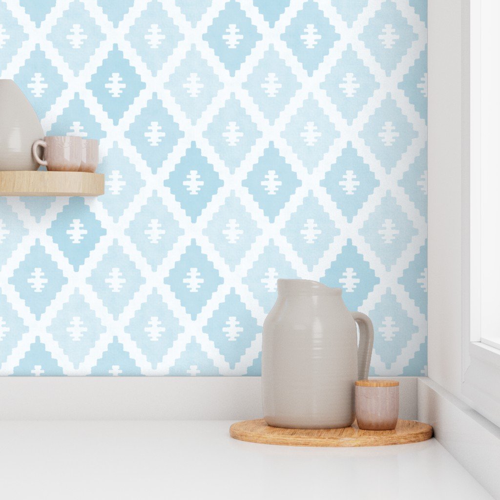 Large Sun Faded Mediterranean Diamond Pattern in Powder Sky Blue Home Styling Collection Home Decor Collection faded blue wallpaper
