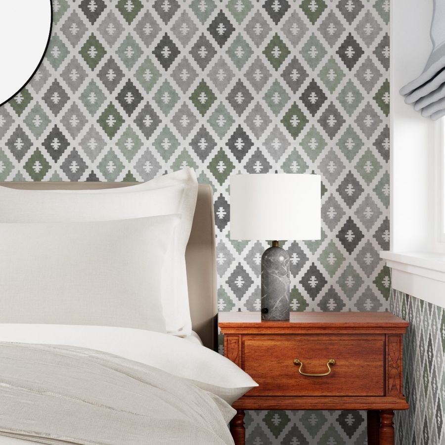 Large Weathered Sage Green Diamond Pattern in Charcoal Gray Interior Collection Decor Collection muted sage wallpaper