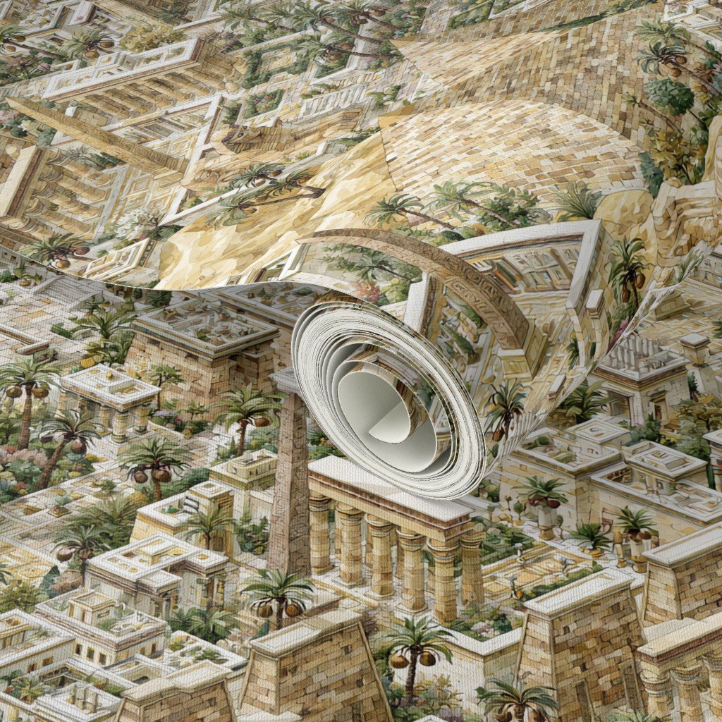 Ancient Egypt Watercolor Architectural Landscape Isometric Seamless Repeat Home Decor Collection Home Decor Collection warm tone wallpaper