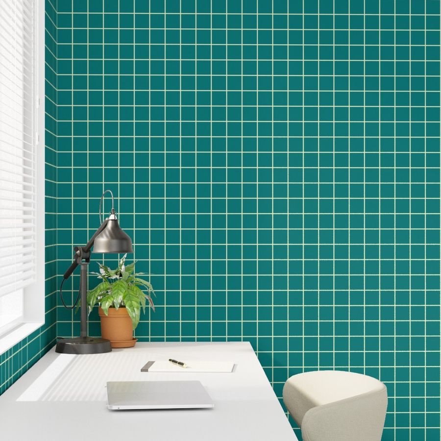 Classic Cream White and Teal 2 Inch Grid Interior Collection Home Styling Collection cream white grid wallpaper