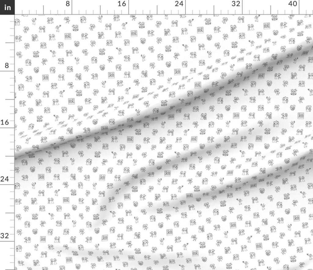 Just Married Fun Stick Figure Wedding Pattern in Black on White Fabric design
