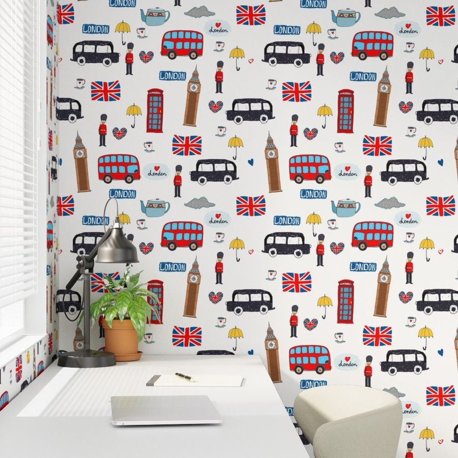 London England Handdrawn Motifs Big Ben Union Jack Palace Guard Wallpaper old blighty wallpaper