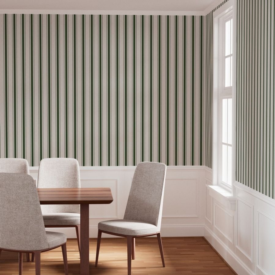 Forest Green Antique Vintage Mattress Ticking Stripe on Cream Wallpaper forest green wallpaper