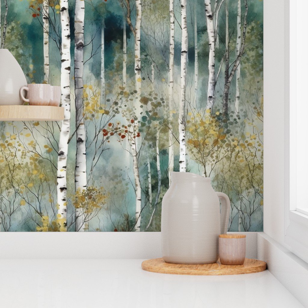 Endless Birch Tree Dreamscape Trees in Misty Forest Watercolor Wallpaper birch forest wallpaper