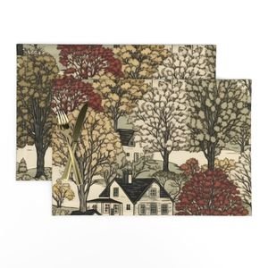 New England Village Houses with Trees in Muted Colors Home Styling Collection Decor Collection new england village placemat design