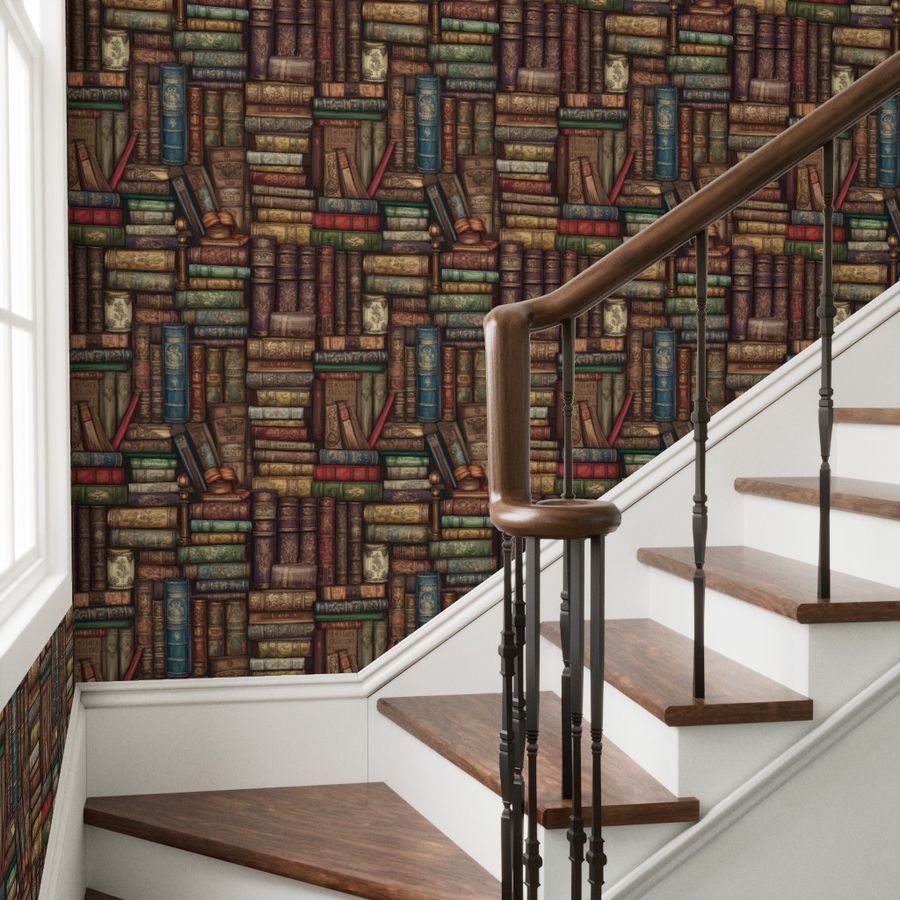 Stacked Bound Vintage Books on Library Book Shelf Wallpaper wallpaper books wallpaper