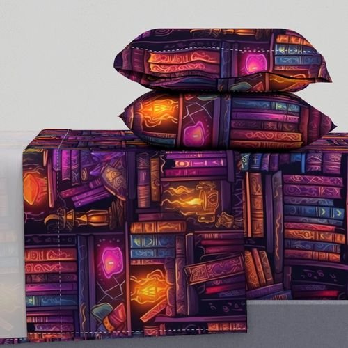 Witch Spooky Neon Halloween Books on Library Spell Book Shelf Home Decor Collection Decor Collection neon spell books sheet set design