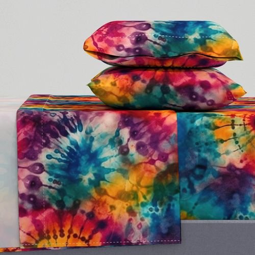 Jumbo Tie Dye Batik in Bright Multi Rainbow Colors Circling Swirls Interior Collection Home Styling Collection rainbow batik sheet set design
