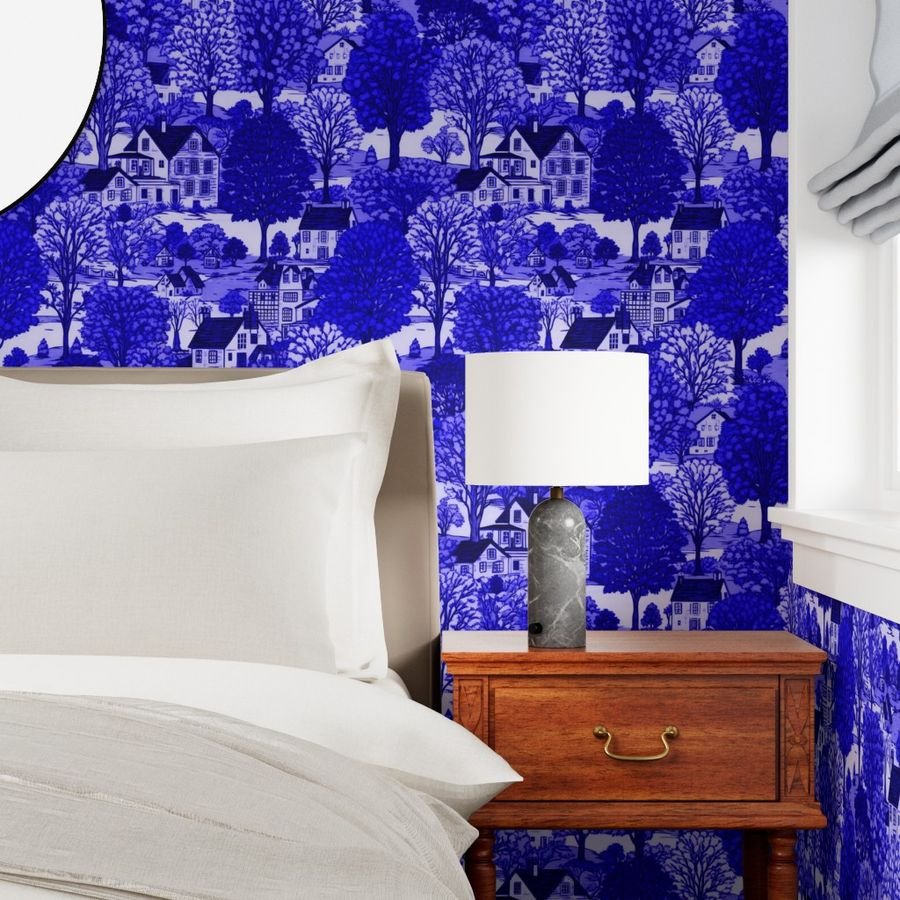 New England Village Houses with Trees in Royal Blue Porcelain Glaze Wallpaper new england village wallpaper