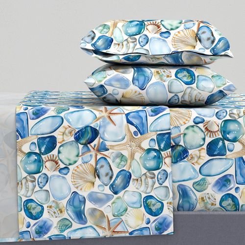 Blue and Sand Seashells and Shards of Tumbled and Scattered Watercolor Home Decor Collection Home Decor Collection shell tile sheet set design