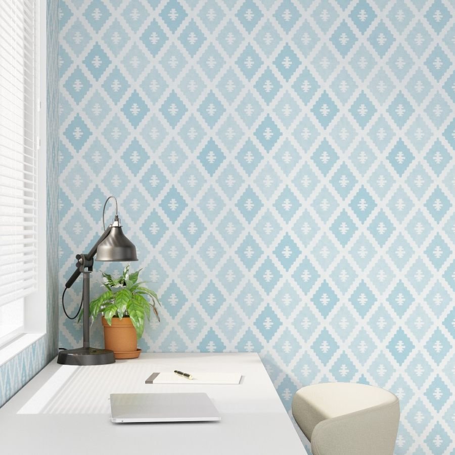 Large Sun Faded Mediterranean Diamond Pattern in Powder Sky Blue Home Styling Collection Home Decor Collection pastel blue wallpaper