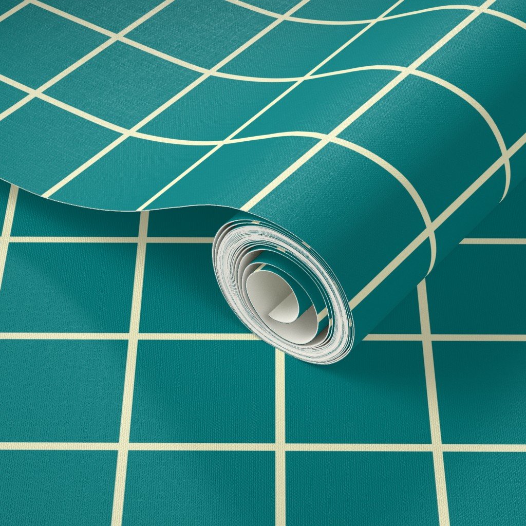 Classic Cream White and Teal 2 Inch Grid Interior Collection Home Styling Collection teal grid wallpaper
