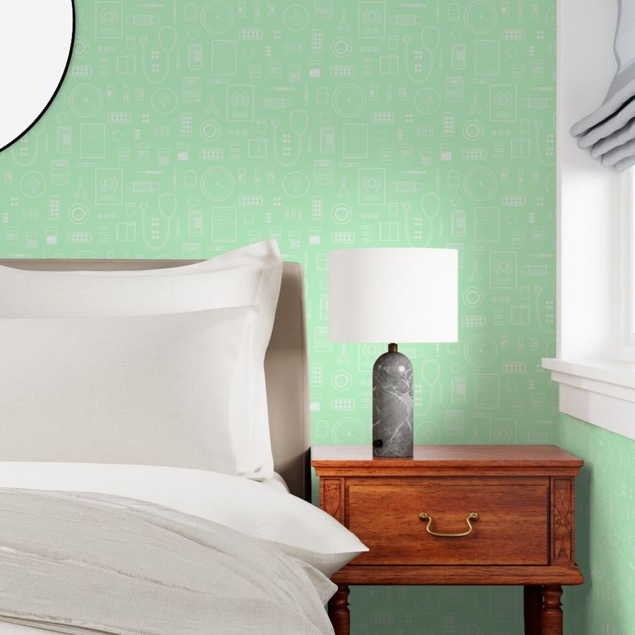 Scrubs Green with White Outlined Drawings of Medical Symbols Wallpaper hospital items wallpaper
