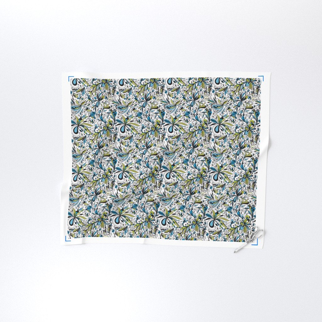 Floral Doodles Seamless Repeat Pattern in Blue and Green Fabric blue flowers fabric