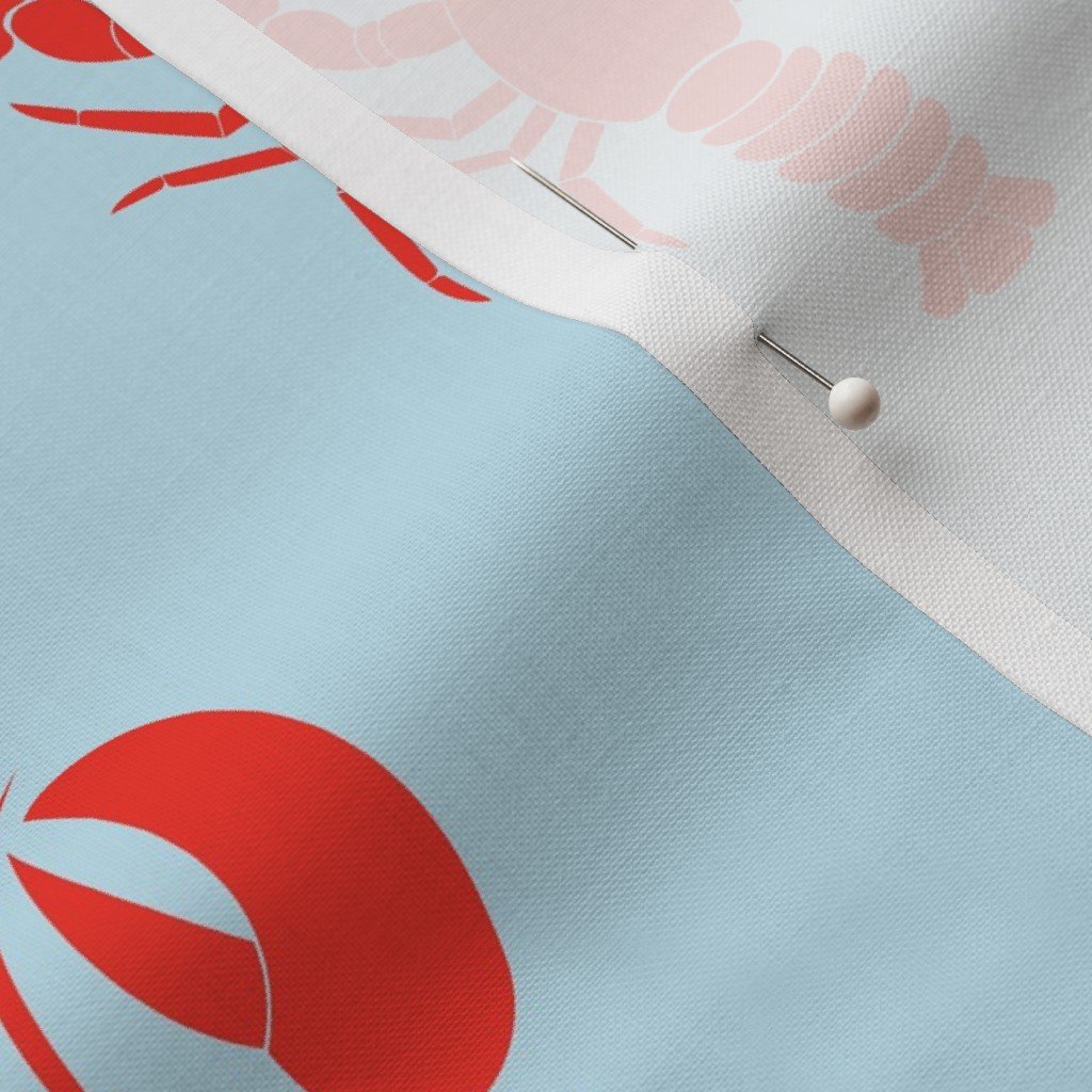 Handdrawn Motif of a Red Lobster on Pale Blue Fabric maine lobster fabric