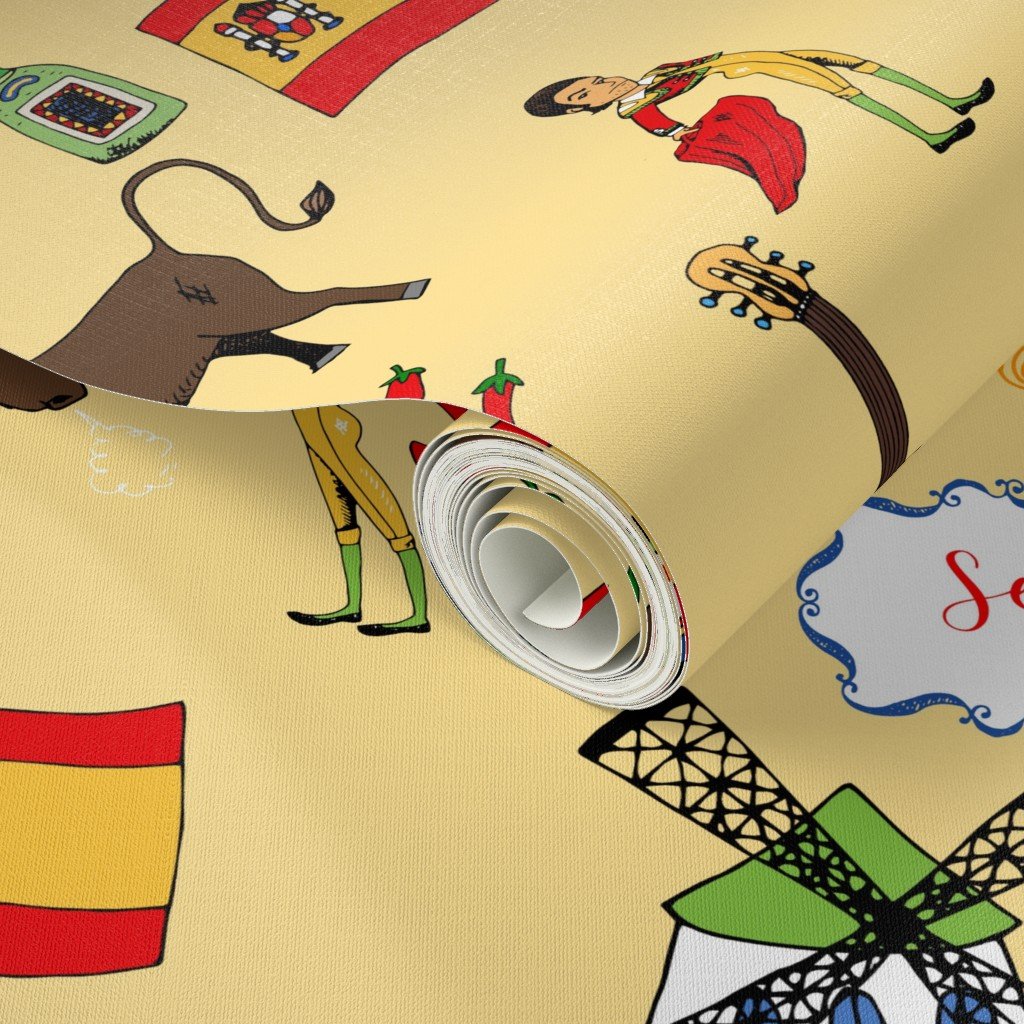 Spain Handdrawn Motifs Matador Windmill Bull Maracas Football Wallpaper flamenco guitar wallpaper