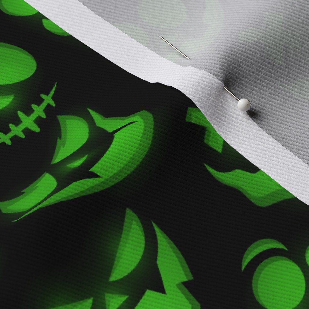 Mini Grinning Halloween Jack o Lantern Faces in Neon Green on Black Fabric green and black fabric