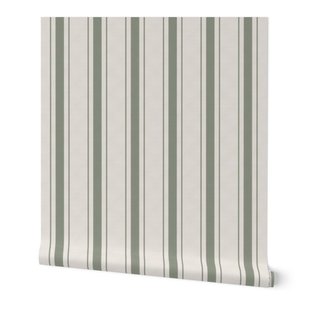 Fern Green Antique Vintage Mattress Ticking Stripe on Cream Wallpaper antique stripe wallpaper
