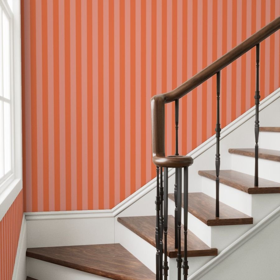 Sunset Coral and Tonal Coral 2 Inch Vertical Cabana Stripes Wallpaper 2 inch wallpaper
