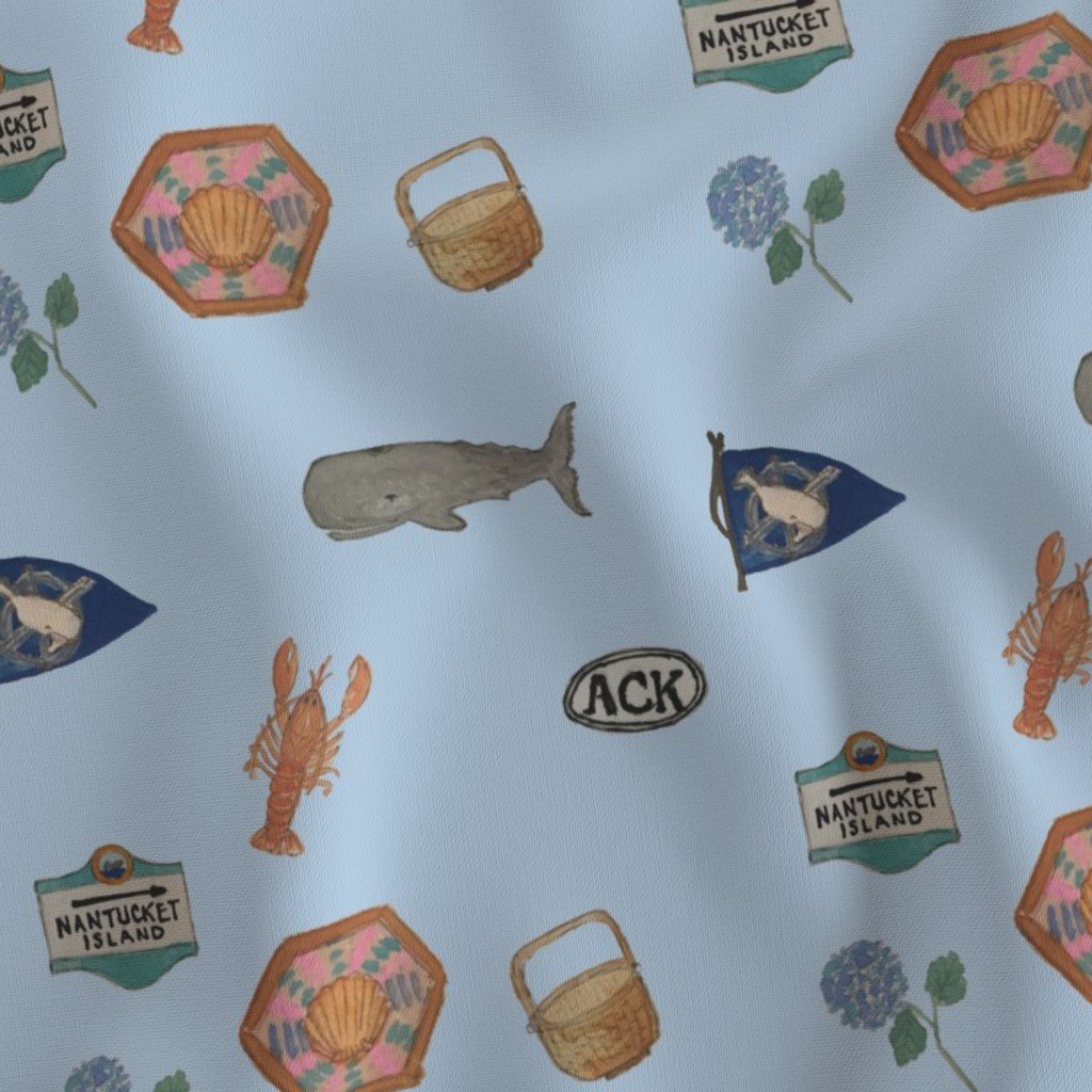 Nantucket Island Hand Painted Watercolors of its Symbols Signs and Fabric faraway island fabric