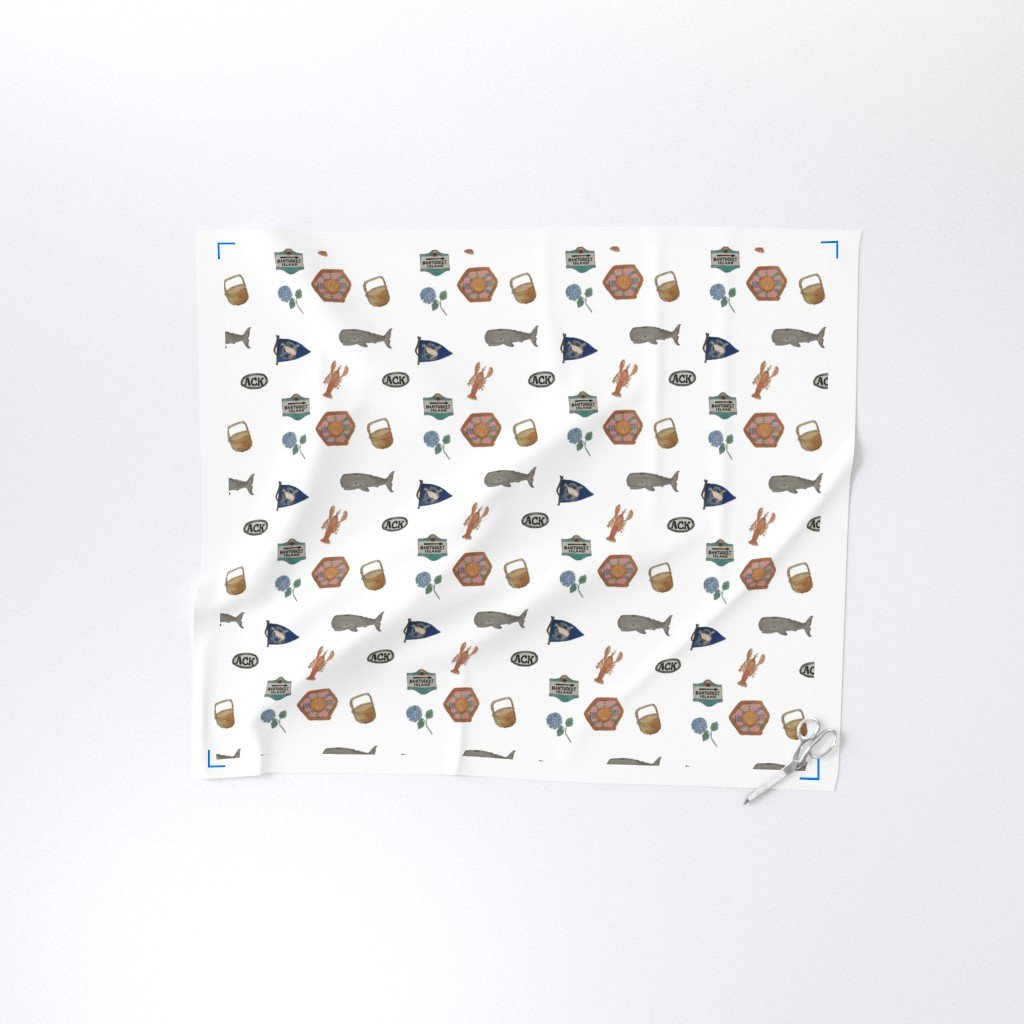 Nantucket Island Hand Painted Watercolors of its Symbols Signs and Fabric blue hydrangeas fabric