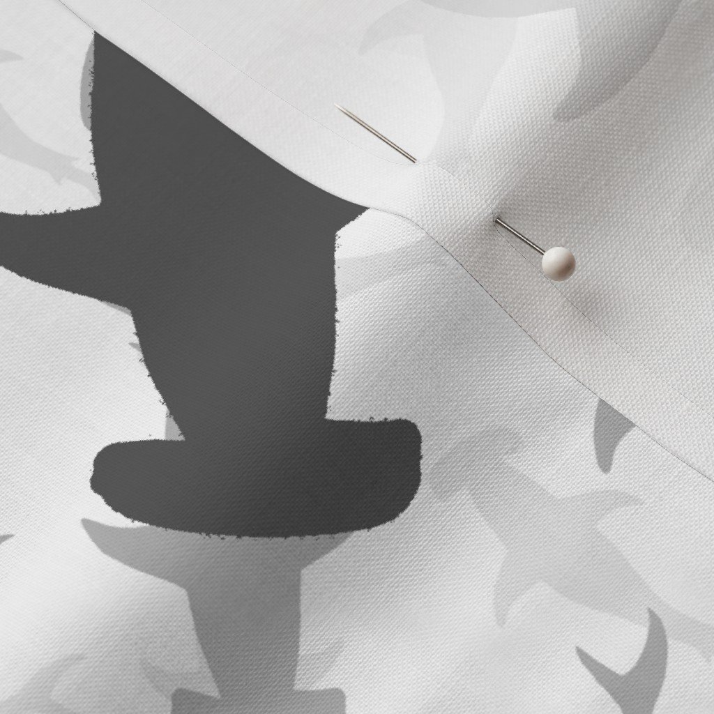 Hammerhead Sharks in Grey Silhouette Circling on White Fabric hammerhead gathering fabric