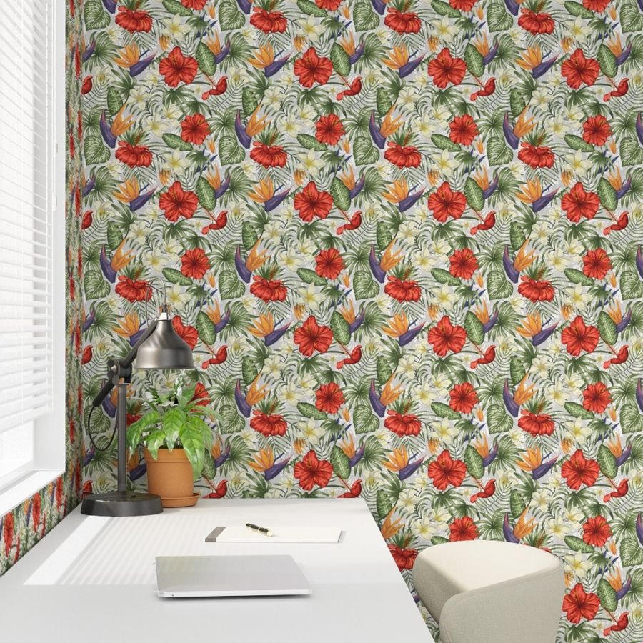 White and Red Hawaiian Hibiscus Birds of Paradise and Plumeria Wallpaper birds of paradise wallpaper