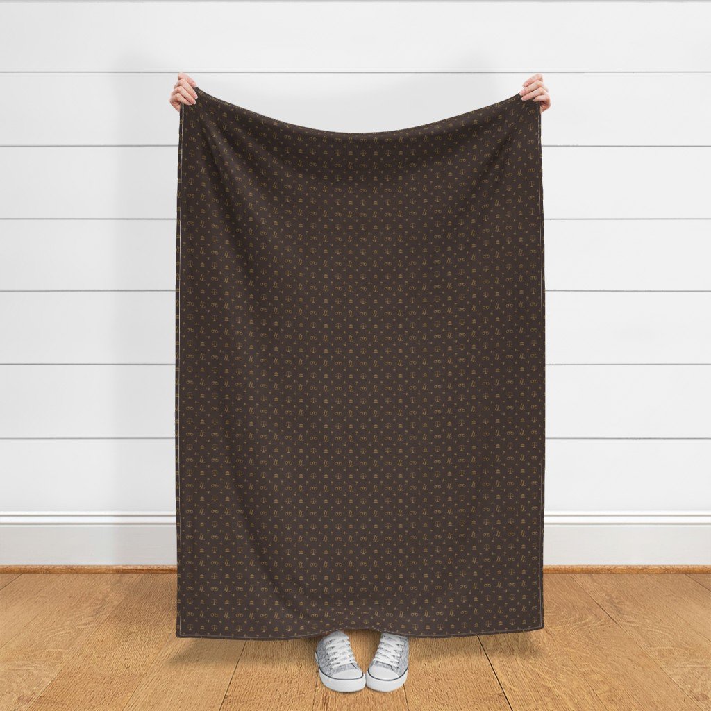 Louis Lawyer Symbols and Motifs in Tan on Brown Fabric scales of justice fabric