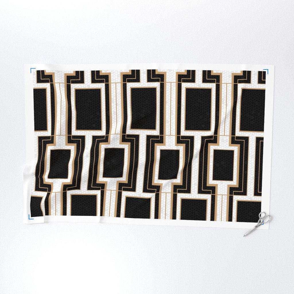 Jumbo Art Deco Geometric Rectangles in Cracked Black and Faux Gold Fabric black and gold fabric