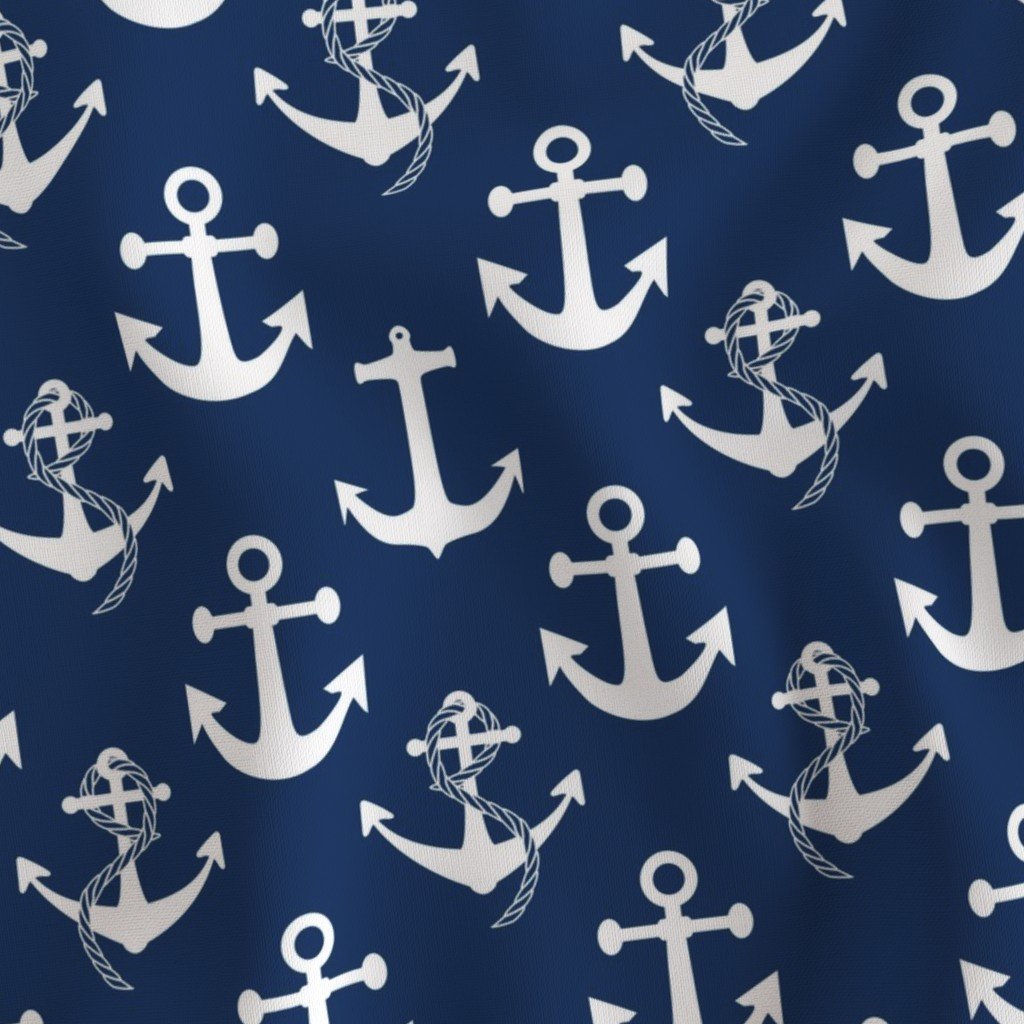 Large Nautical White Sailing Boat Anchors on Blue Fabric blue and white fabric