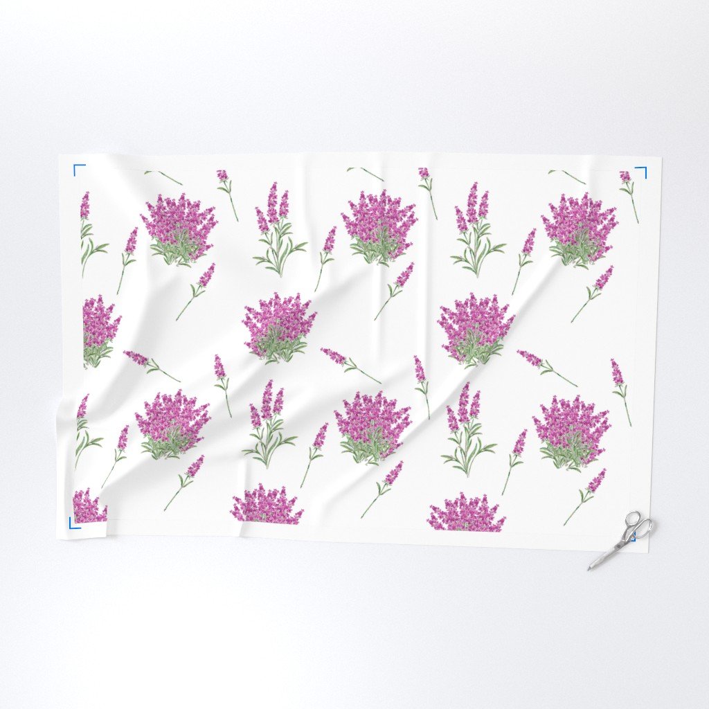 Pink Floral Sprig on White Fabric lavender flowers fabric