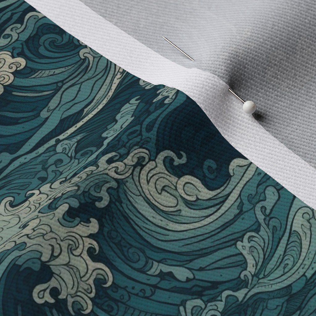 Japanese Woodcut Big Tsunami Waves in Shades of Blue Fabric big wave fabric