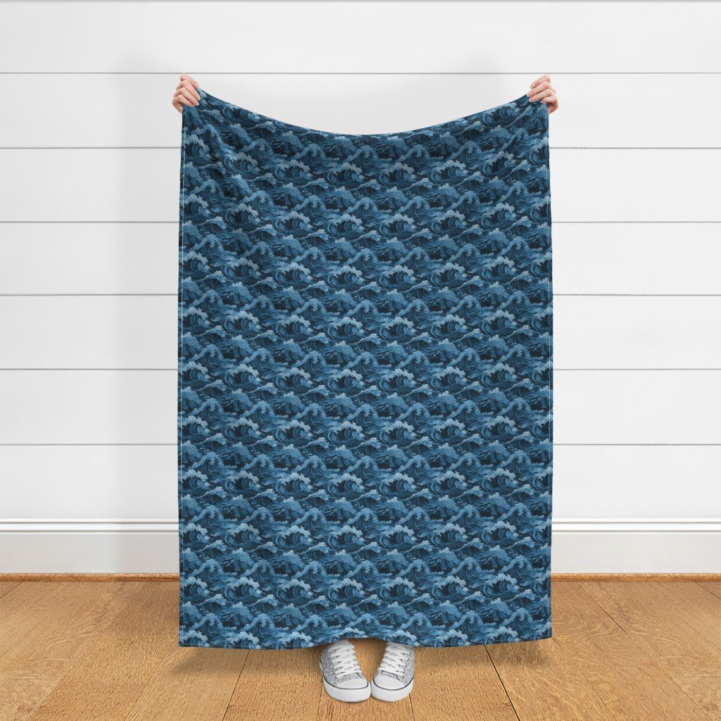 Japanese Woodcut Big Tsunami Waves in Shades of Mid-Blue Fabric big wave fabric