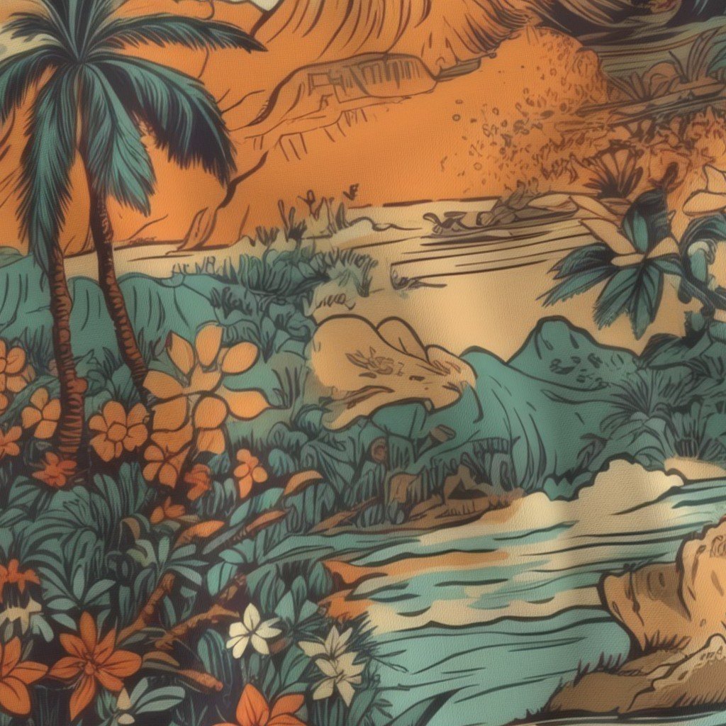Vintage Hawaiian Landscape Teal Fabric old hawaii fabric