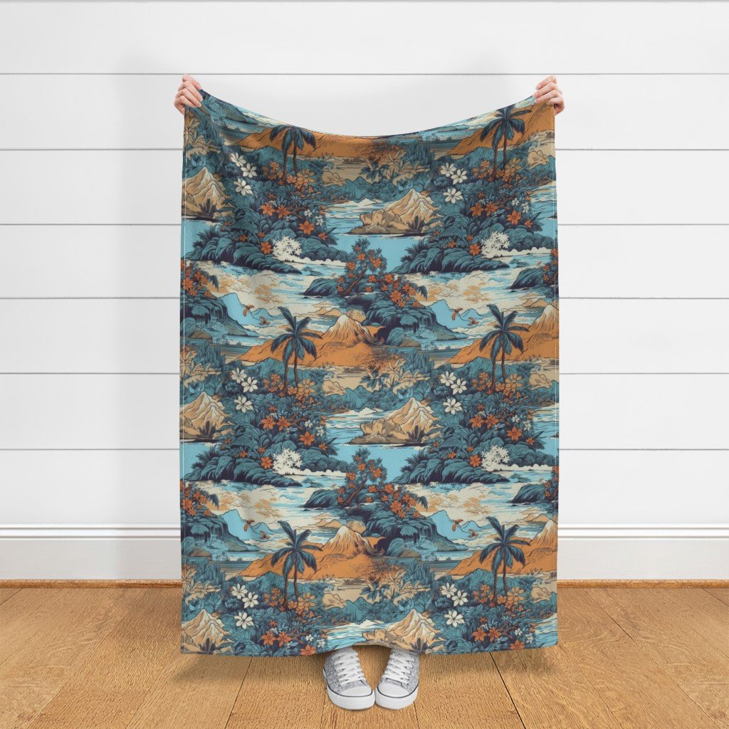 Vintage Hawaiian Landscape Blue Fabric blue landscape fabric