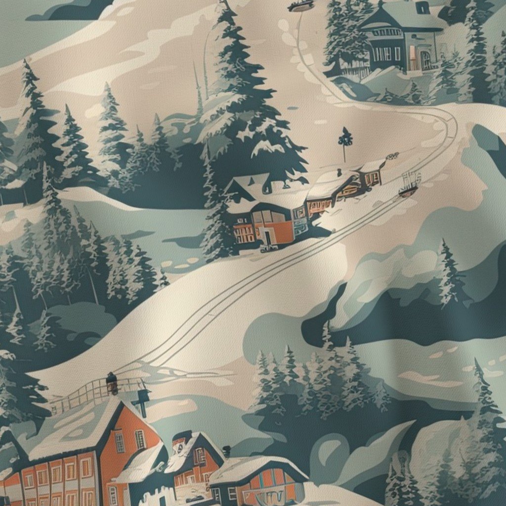 Vintage Ski Slope Blue Interior Collection Decor Collection ski scene fabric
