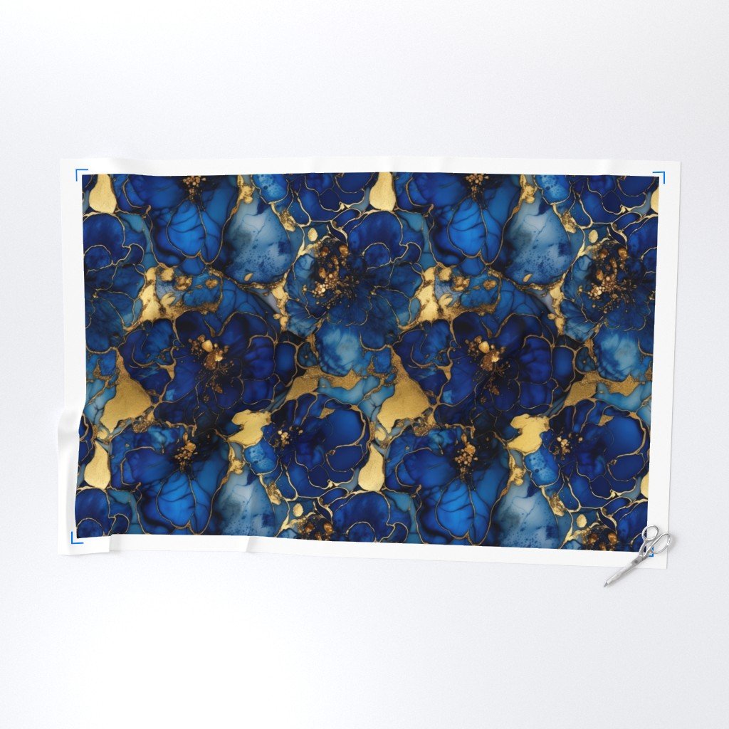 Cobalt Blue and Gold Alcohol Ink 4 Fabric gold metallic ink fabric